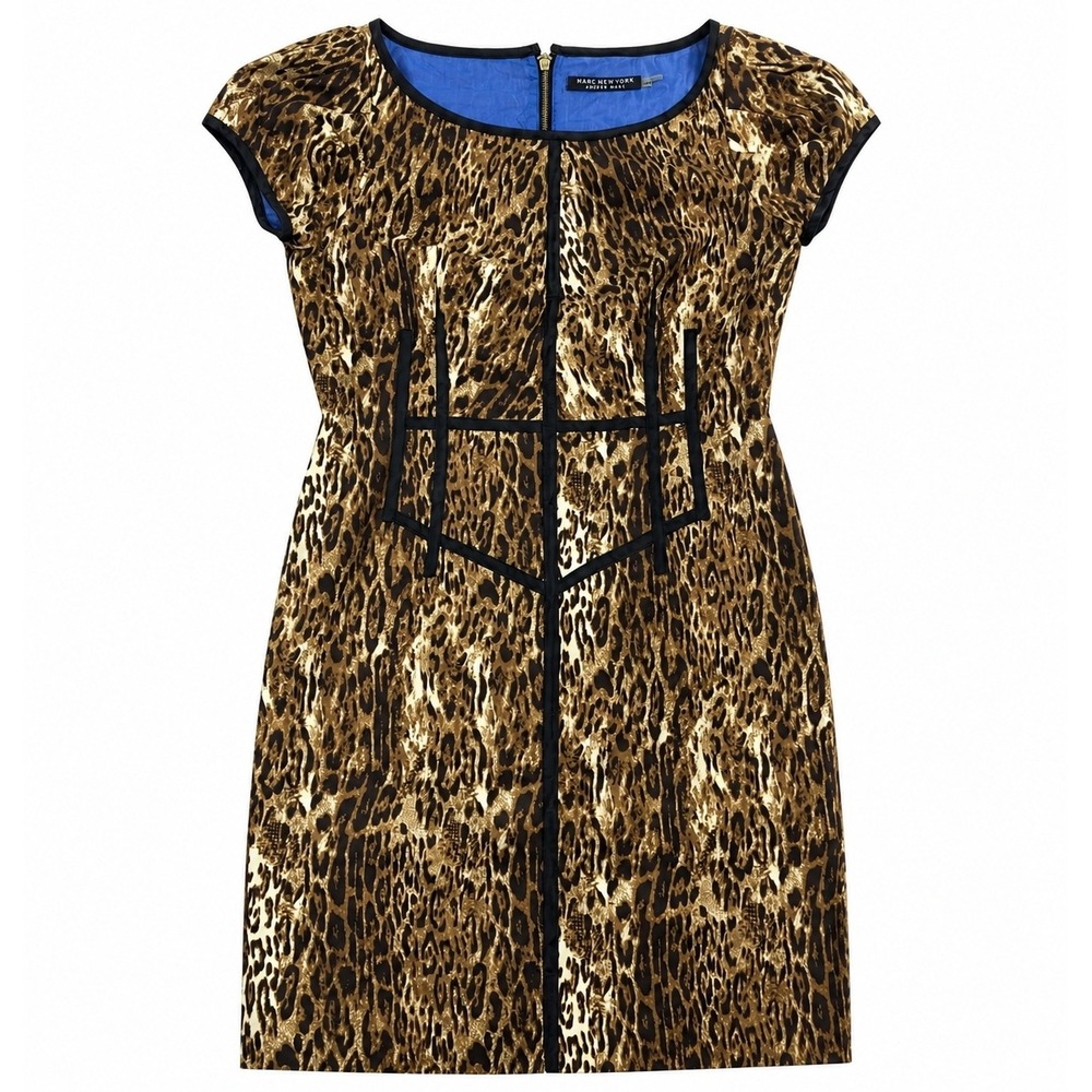 Marc New York Leopard Print Sheath Dress Brown 12 Womens Animal Cap Sleeve Zip